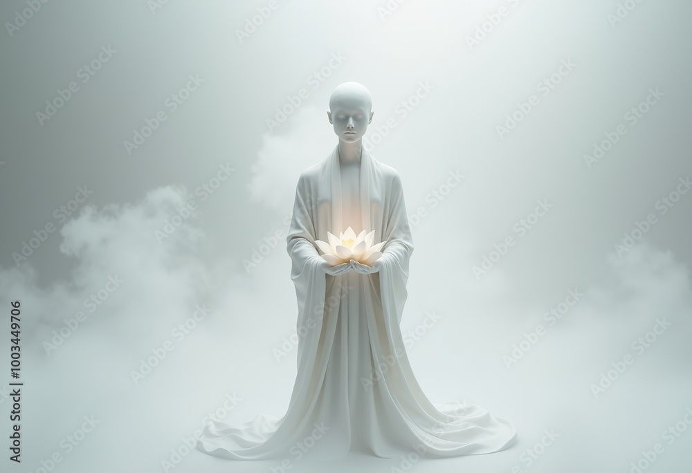 Spiritual Minimalism: White Plaster Figure with a Glowing Lotus in a Softly Lit Ethereal Space Spiritual Minimalism: White Plaster Figure with a Glowing Lotus in a Softly Lit Ethereal Space