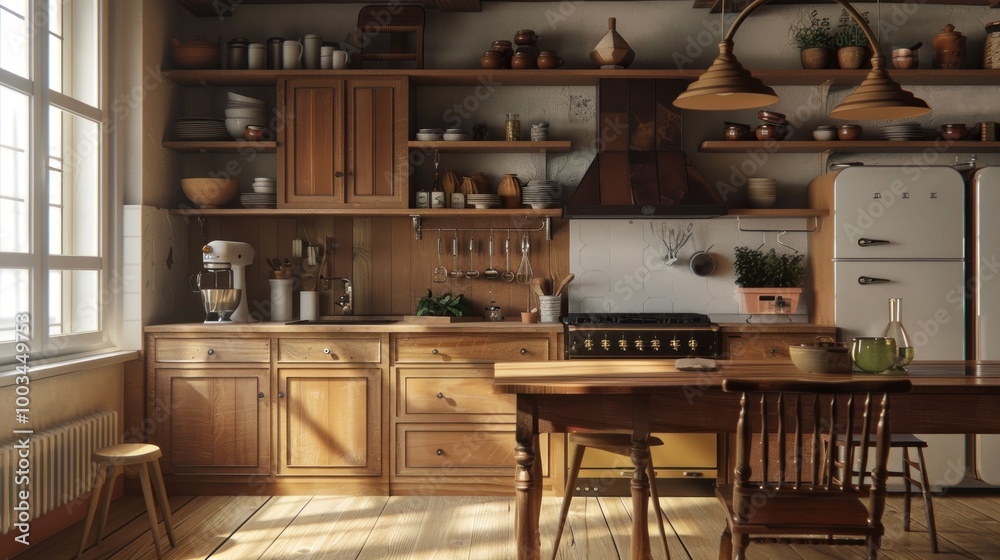Kitchen Interior with traditional cupboards and beautiful vases AI generated image Kitchen Interior with traditional cupboards and beautiful vases AI generated image