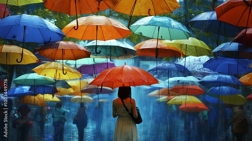 Obraz premium Colorful Umbrellas Hanging Overhead on a Rainy Day