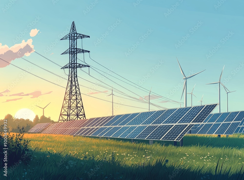 Naklejka premium A row of solar panels sits in a field with wind turbines in the background and power lines in the foreground, all against a sunset sky.