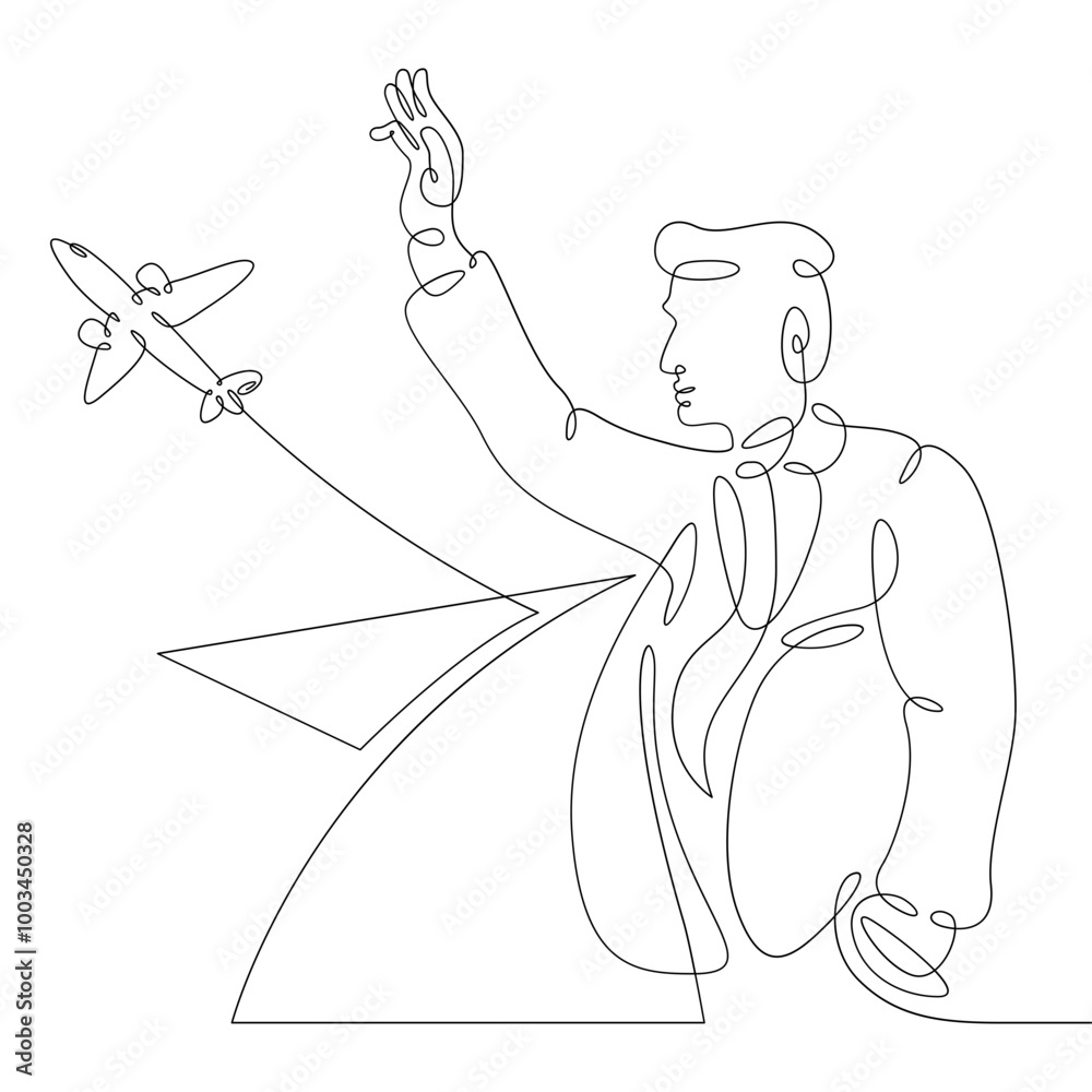 One continuous line.A man sees off an airplane taking off. Seeing off at the airport. One continuous drawing line logo isolated minimal illustration. One continuous line.A man sees off an airplane taking off. Seeing off at the airport. One continuous drawing line logo isolated minimal illustration.