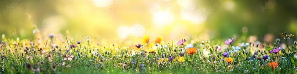 Fototapeta premium A field of colorful wildflowers in full bloom with a bright sun shining in the background.