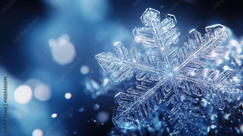 A close-up of a beautiful snowflake shimmering against a blue background, symbolizing winter's delicate beauty and tranquility. A close-up of a beautiful snowflake shimmering against a blue background, symbolizing winter's delicate beauty and tranquility.