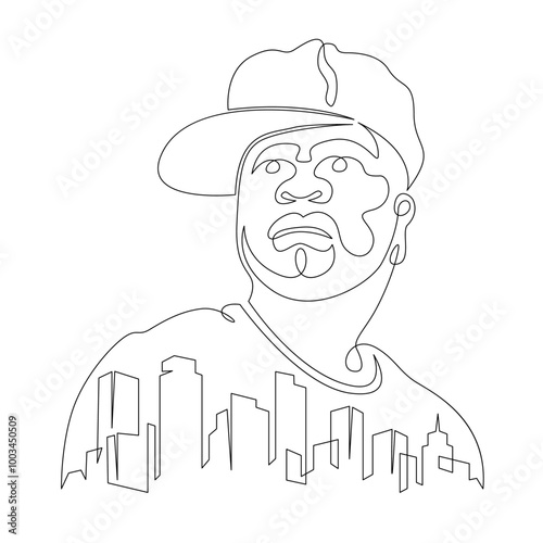 Rapper in a baseball cap. City silhouette of skyscrapers. Rapper singer logo portrait.One continuous line .One continuous drawing line logo isolated minimal illustration.