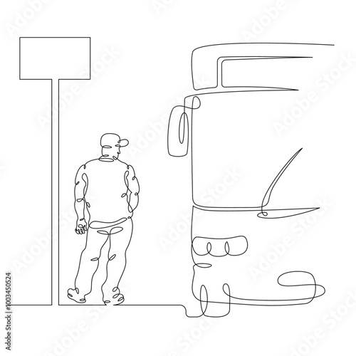 One continuous line.Transport passenger. Bus stop. Passenger waiting at the bus stop. One continuous drawing line logo isolated minimal illustration.