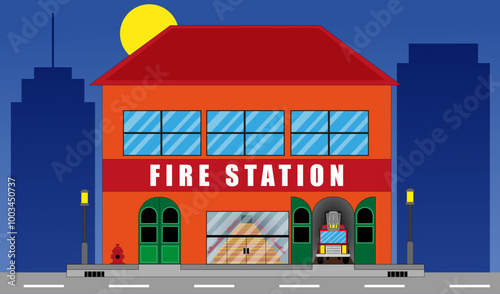 Vector e ilustración de estación de bomberos con estilo caricatura. 