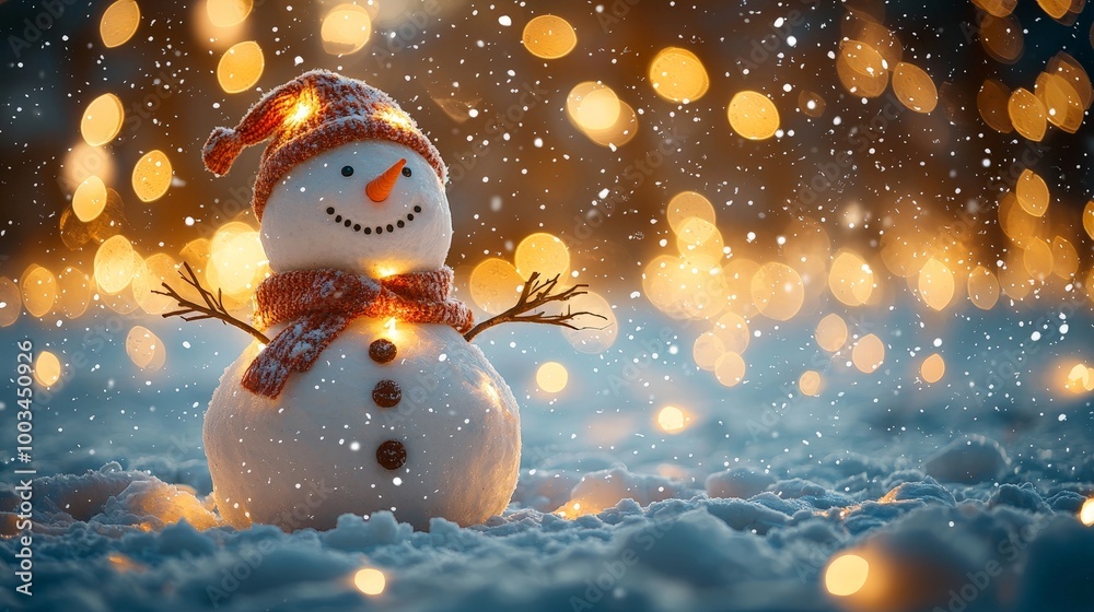 A cheerful snowman adorned with lights in a snowy landscape, evoking a festive winter atmosphere. A cheerful snowman adorned with lights in a snowy landscape, evoking a festive winter atmosphere.