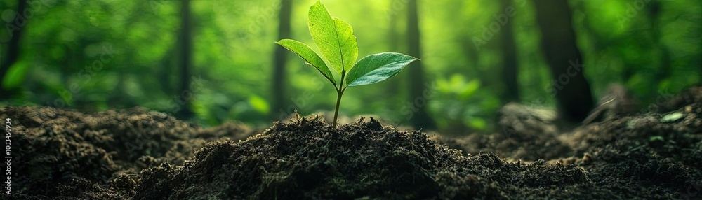 A young green sprout emerges from rich soil, symbolizing growth and renewal in a peaceful forest setting. A young green sprout emerges from rich soil, symbolizing growth and renewal in a peaceful forest setting.