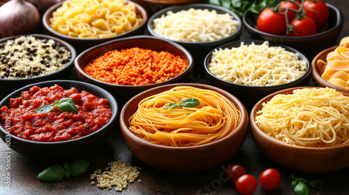 dry pasta types, meticulously arranged. Shapes include spirals, shells, and tubes, symbolizing diversity and unity, representing culinary traditions and creativit