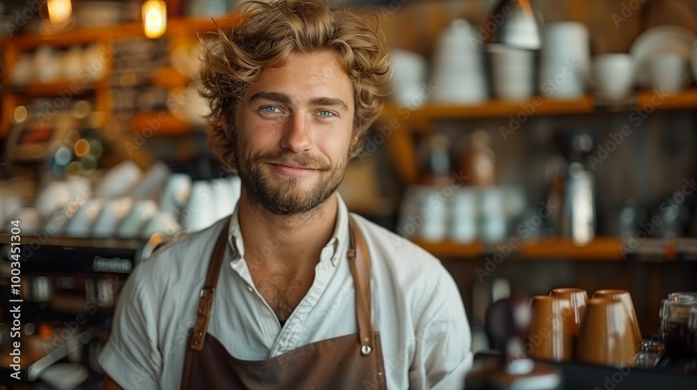 Portrait of a Handsome Barista Smiling in a Coffee Shop Portrait of a Handsome Barista Smiling in a Coffee Shop