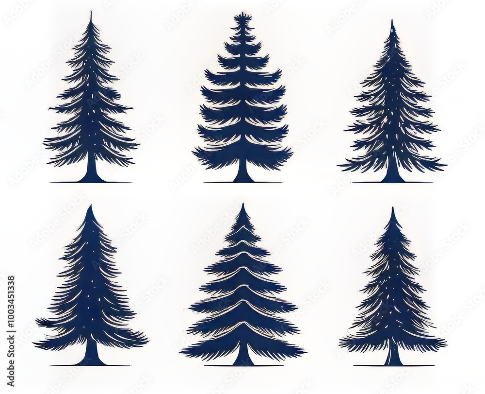 Obraz premium Artistic illustration of varied evergreen tree silhouettes in deep blue hues.