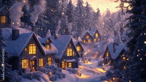 Snowy Village Cottages with Warm Lights and a Winding Path