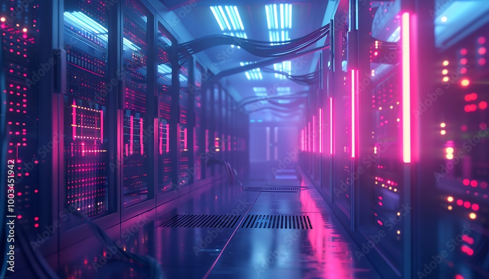 Fototapeta premium Futuristic Data Center with Towering Server Racks and Glowing Lights