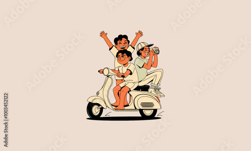 Three friends on a scooter, capturing fun moments together