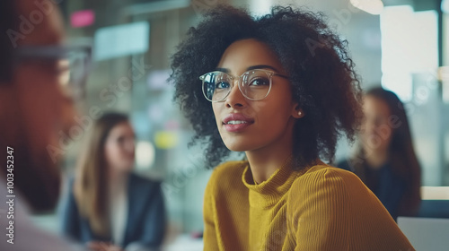 Business professionals working diligently in an office environment, collaborating on projects, signing documents, and holding meetings. Happy and productive workplace atmosphere with white-collar empl photo