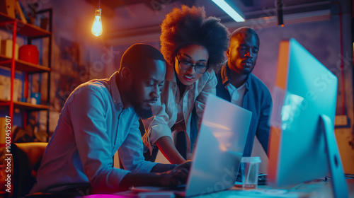 Business professionals working diligently in an office environment, collaborating on projects, signing documents, and holding meetings. Happy and productive workplace atmosphere with white-collar empl photo