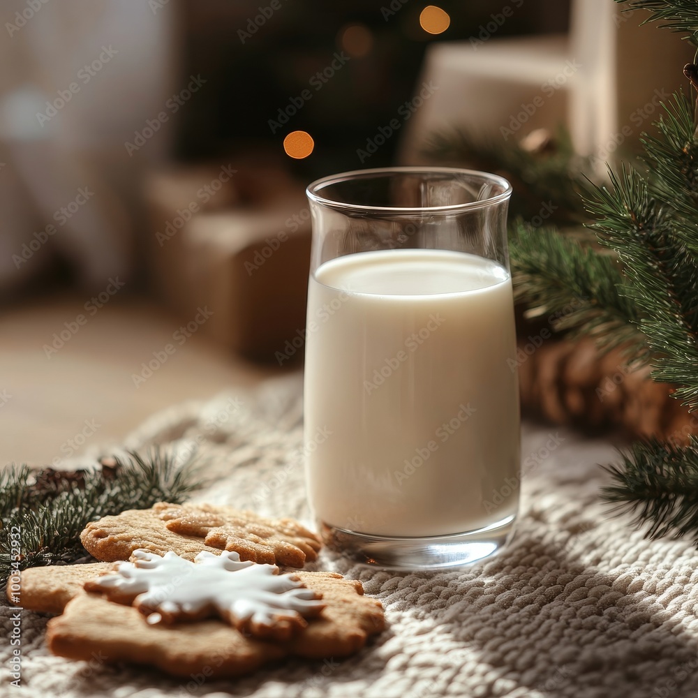 Glass of milk with cookies on the background of Christmas tree and lights Glass of milk with cookies on the background of Christmas tree and lights