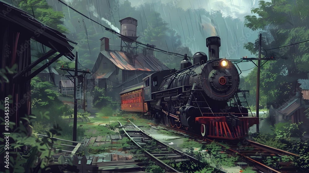 Naklejka premium Train by the village Wallpaper. Background