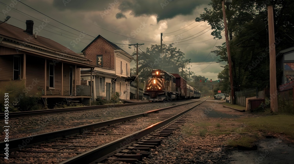 Fototapeta premium Train by the village Wallpaper. Background