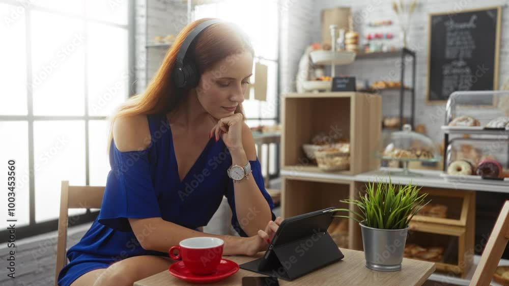 Beautiful young redhead woman in blue dress and headphones using tablet while sitting in cozy bakery with pastries and coffee on table