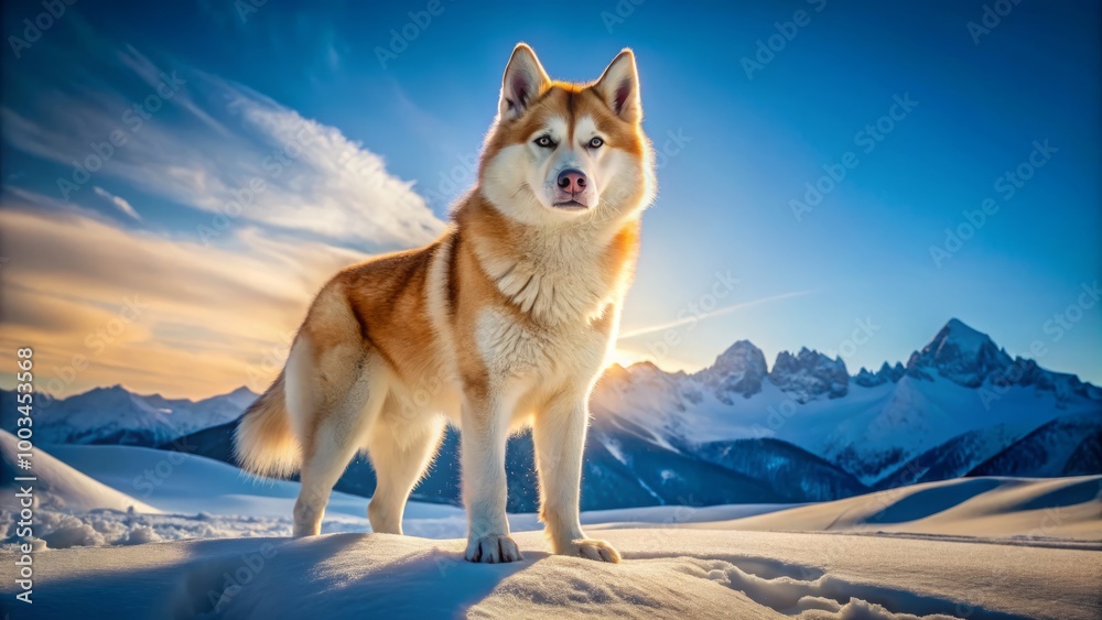 Fototapeta premium A majestic golden husky stands proudly amidst a snowy landscape, under a brilliant blue sky, embodying serenity and