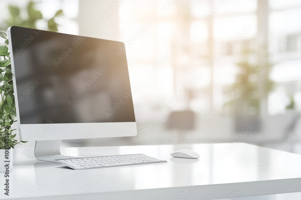 A white desk with a computer, keyboard, and mouse in a bright office setting. A white desk with a computer, keyboard, and mouse in a bright office setting.