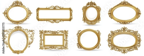 Eight ornate golden picture frames with intricate details isolated on white background.