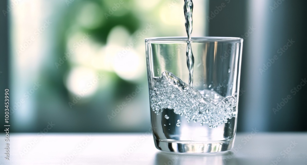 Close-up of water being poured into a glass on a white surface with a blurred green and gray background. Close-up of water being poured into a glass on a white surface with a blurred green and gray background.