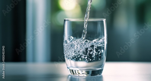 A glass of water being poured on a white surface.