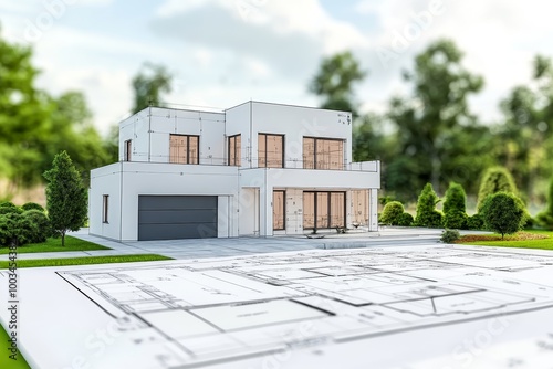 A 3D rendering of a modern house with a garage, blueprint, and green lawn.