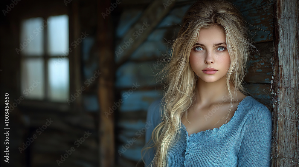 Fototapeta premium Beautiful blonde woman posing in front of an old barn wall