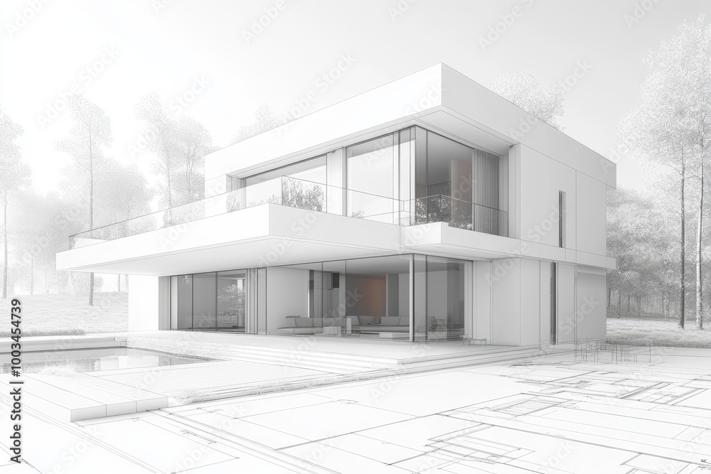 Modern home design blueprint with a pool and balcony. Modern home design blueprint with a pool and balcony.