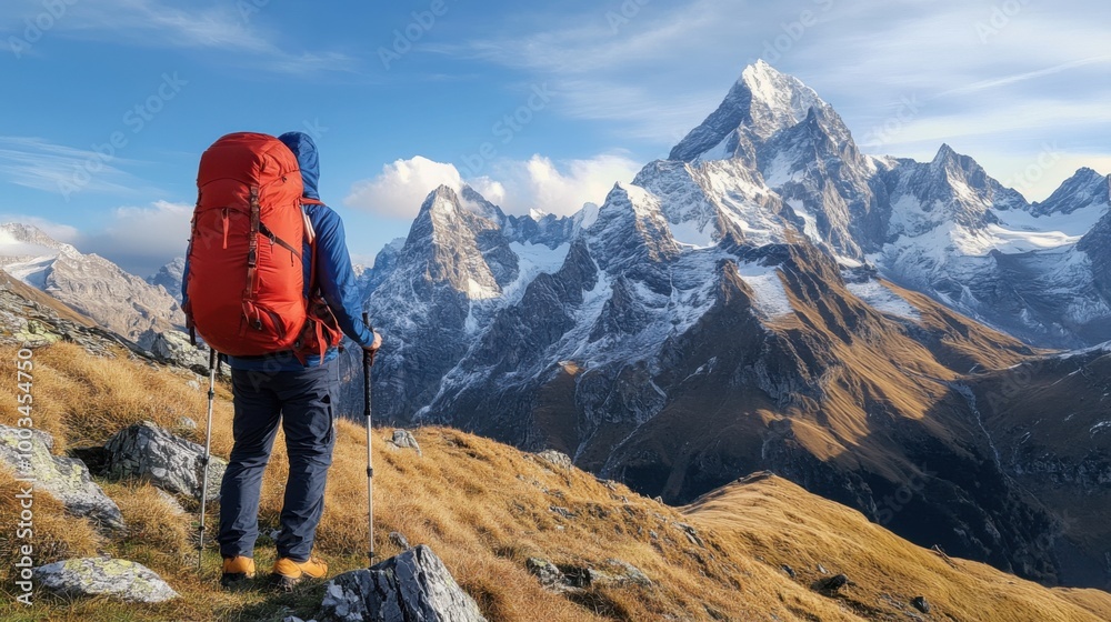 Adventurous Hiker Facing Majestic Mountain Landscape Adventurous Hiker Facing Majestic Mountain Landscape