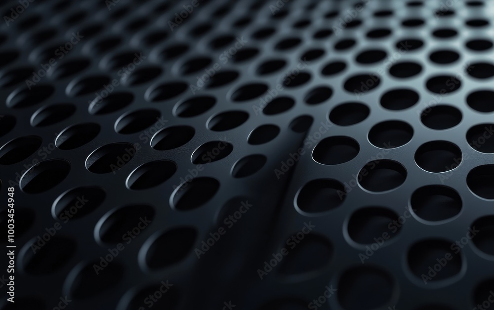 Abstract close-up of a black metal surface with circular cutouts creating a patterned texture.