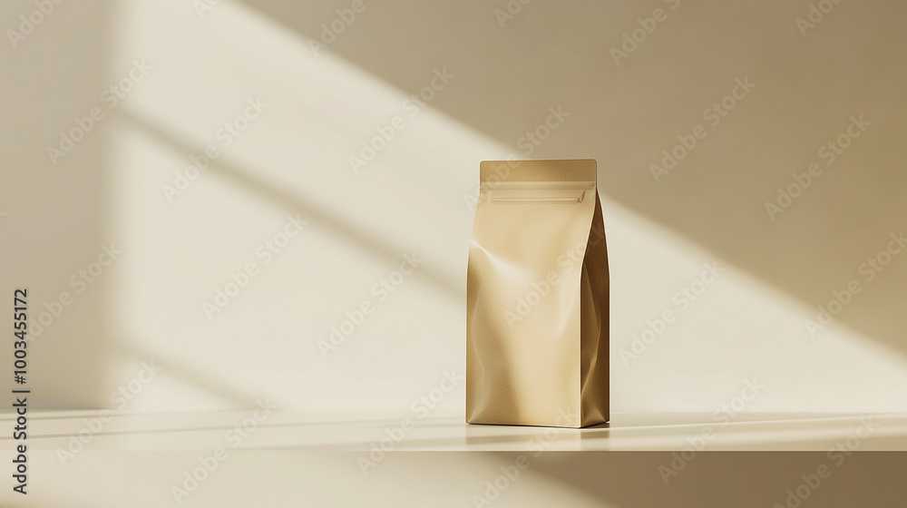 Blank kraft paper pouch standing on white table with window shadow Blank kraft paper pouch standing on white table with window shadow