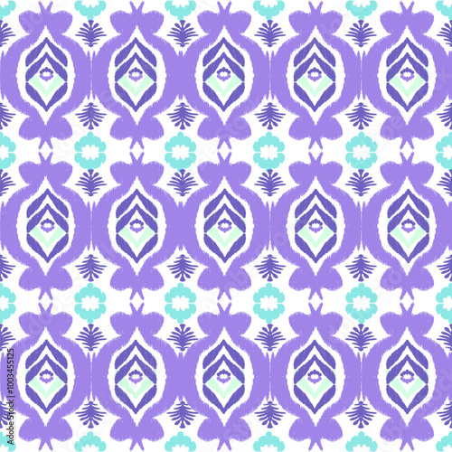Purple, blue, and white embroidery, motif ethnic ikat seamless textile illustration, print striped ornament, pattern, design for wrapping, silk, scarf, clothing, textile, carpets, curtains.