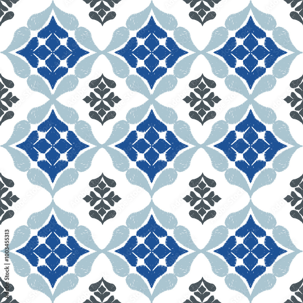 Fototapeta premium Blue, grey, and white embroidery, motif ethnic ikat seamless textile illustration, print striped ornament, pattern, design for wrapping, silk, scarf, clothing, textile, carpets, curtains.