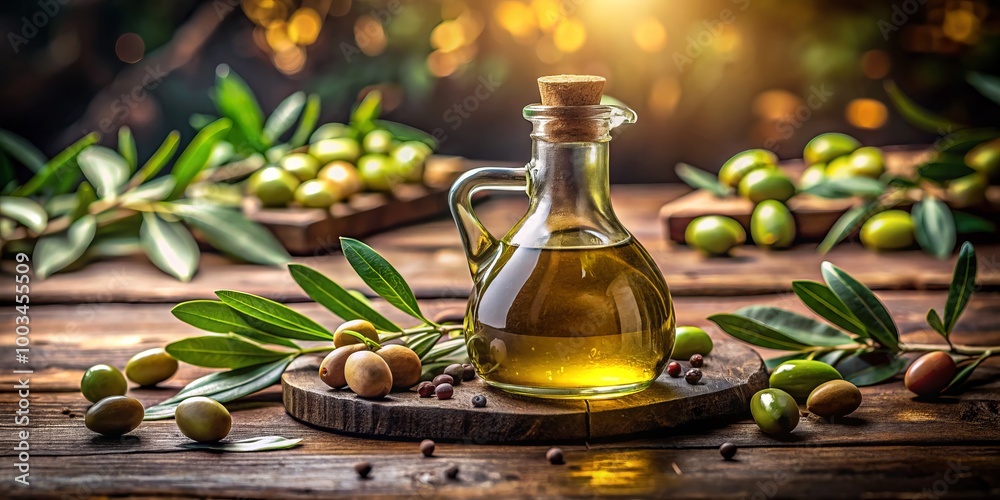Artisan olive oil infused with vinegar, elegantly presented in a glass bottle. It rests beautifully on a rustic Artisan olive oil infused with vinegar, elegantly presented in a glass bottle. It rests beautifully on a rustic
