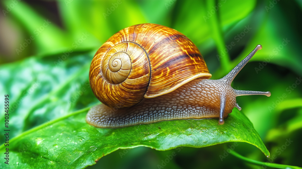 Snail crawling on green leaf in summer garden Snail crawling on green leaf in summer garden