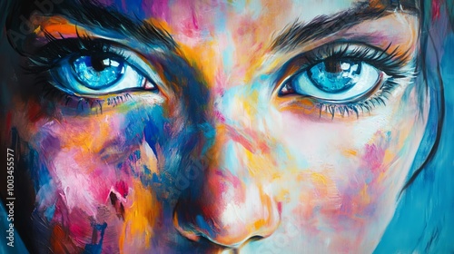 Vibrant close-up of an artistic face depicting emotion through colorful paint strokes.