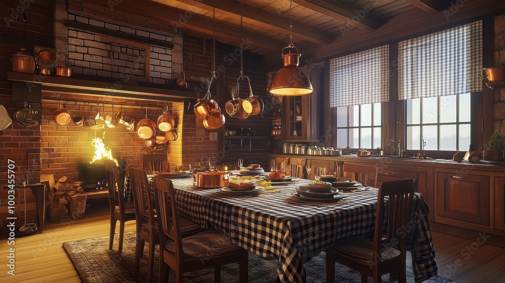 A cozy rustic kitchen with a fireplace, a dining table set, and a window view. A cozy rustic kitchen with a fireplace, a dining table set, and a window view.