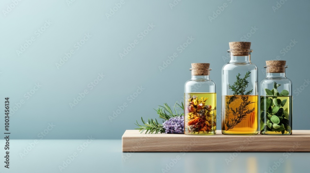 Herbal Bottles with Essential Oils on Wooden Tray Herbal Bottles with Essential Oils on Wooden Tray