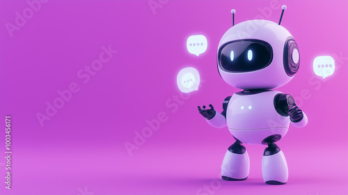 White chatbot robot is showing chat bubbles on pink background