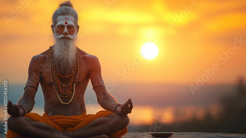 Indian sadhu man practicing yoga at sunset with river on background photo