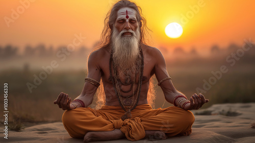 Indian sadhu man practicing yoga meditation at sunset
