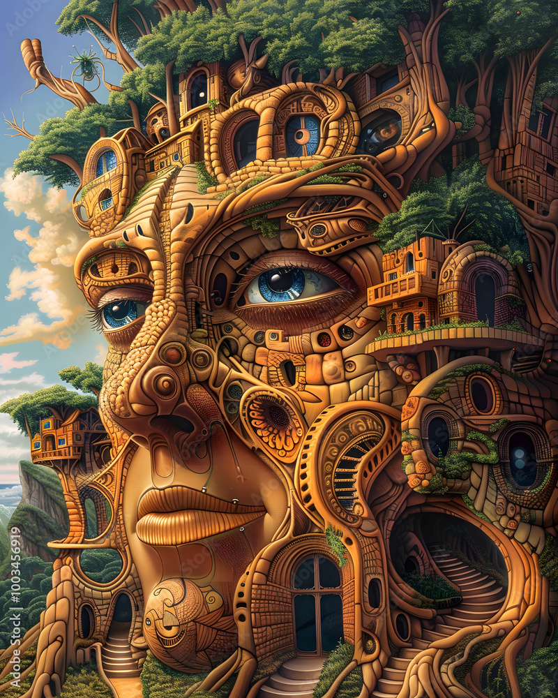 Obraz premium Imagine a surreal treehouse in the shape of a human face, designed to mix nature and fantasy, creating a dreamy atmosphere in a forest. Ideal for artistic and outoftheordinary projects