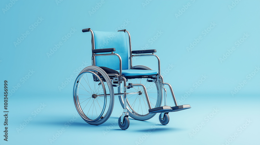 Fototapeta premium Modern empty wheelchair standing on blue background