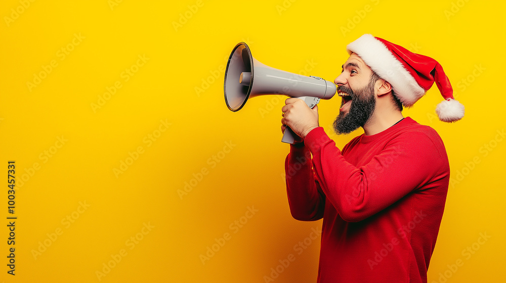 Man is yelling into a megaphone while celebrating christmas Man is yelling into a megaphone while celebrating christmas