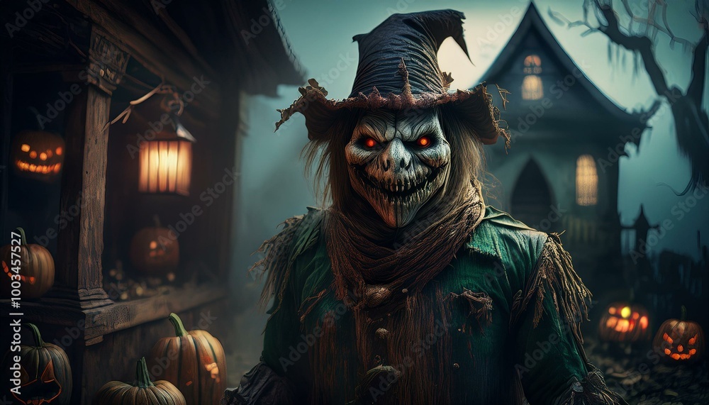 goblin scarecrow inside haunted house, Halloween goblin scarecrow inside haunted house, Halloween