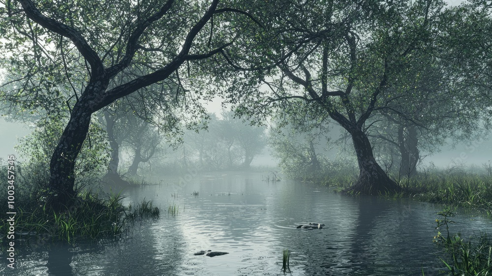 Misty Morning in a Forest with a Tranquil River